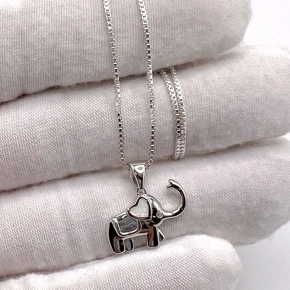 .925 Sterling Silver Elephant Necklace with Lab Opal Heart Ear